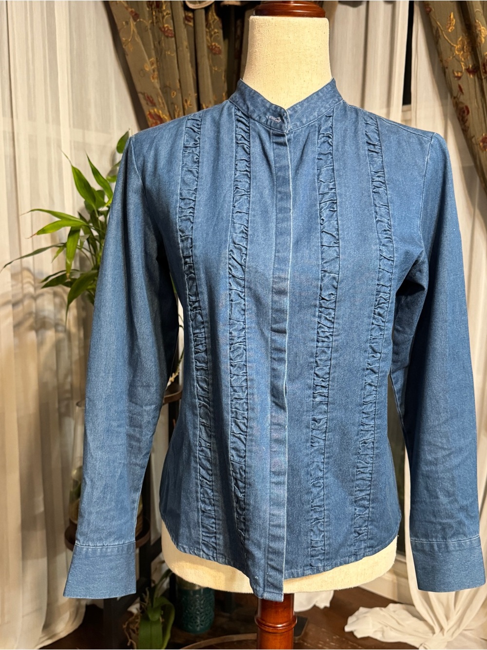 Talbots Blue Denim Ruffle-Trim Button Front Top - Picture 4 of 6